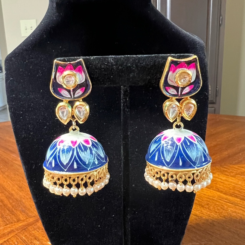 🆕 Beautiful Lovely Enamel Jhumki Traditional Handmade Meenakari Earrings.
